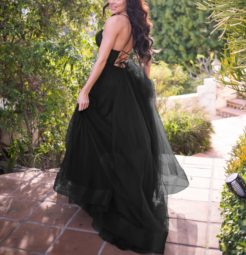 Wedding Guest Dress A-Line Tulle Dress Lace Bodice Lace up open Back Side Leg Slit Sweep Train Black Formal Dress Evening Dress