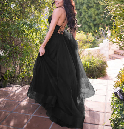 Wedding Guest Dress A-Line Tulle Dress Lace Bodice Lace up open Back Side Leg Slit Sweep Train Black Formal Dress Evening Dress