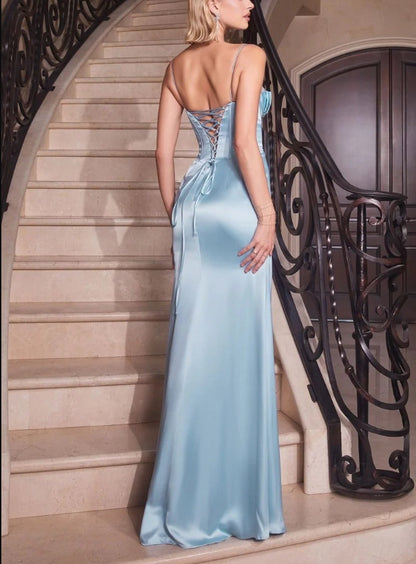 Wedding Guest Dress Spaghetti Strap Collar bead decoration Back Lace-up Corset Side fork Luxury Elegant Black Formal Dress Evening Dress
