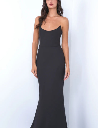 Wedding Guest Dress Front Back Scoop Neckline Sleek Fitted Silhouette Floor-Length Black Formal Dress Evening Dress