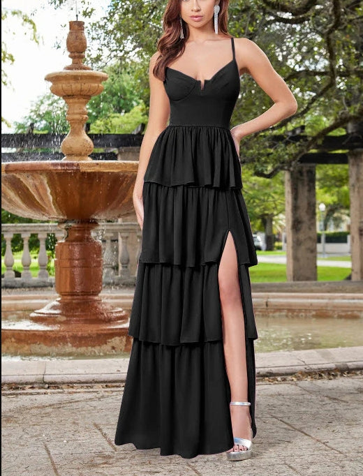 Wedding Guest Dress Spaghetti Strap Cascading Ruffles Side fork Gracefully Black Formal Dress Evening Dress