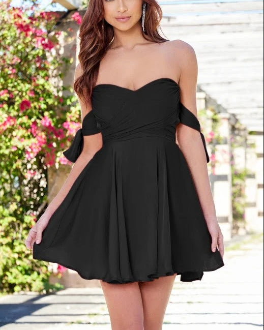 Wedding Guest Dress Satin Sweetheart Neckline Draped Off The Shoulder Tied Arm Sleeves Hidden Back Zipper Backless Short skirt Black Formal Dress Evening Dress