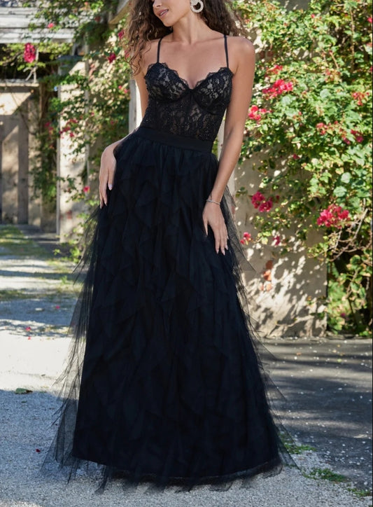 Wedding Guest Dress Bodice Sexy Sheer Lace Lace up Open Back Floor Length Gown Ruffle Tulle Skirt Black Formal Dress Evening Dress