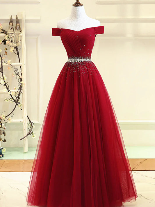 Glitter Sparking Burgundy Off Shoulder Tulle Prom Dress Formal Dress Evening Dress Bridesmaid Dress With Sequins