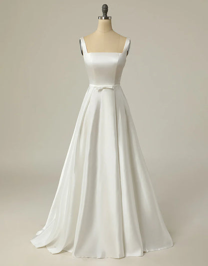 Simple A Line Square Neck White Long Wedding Dress