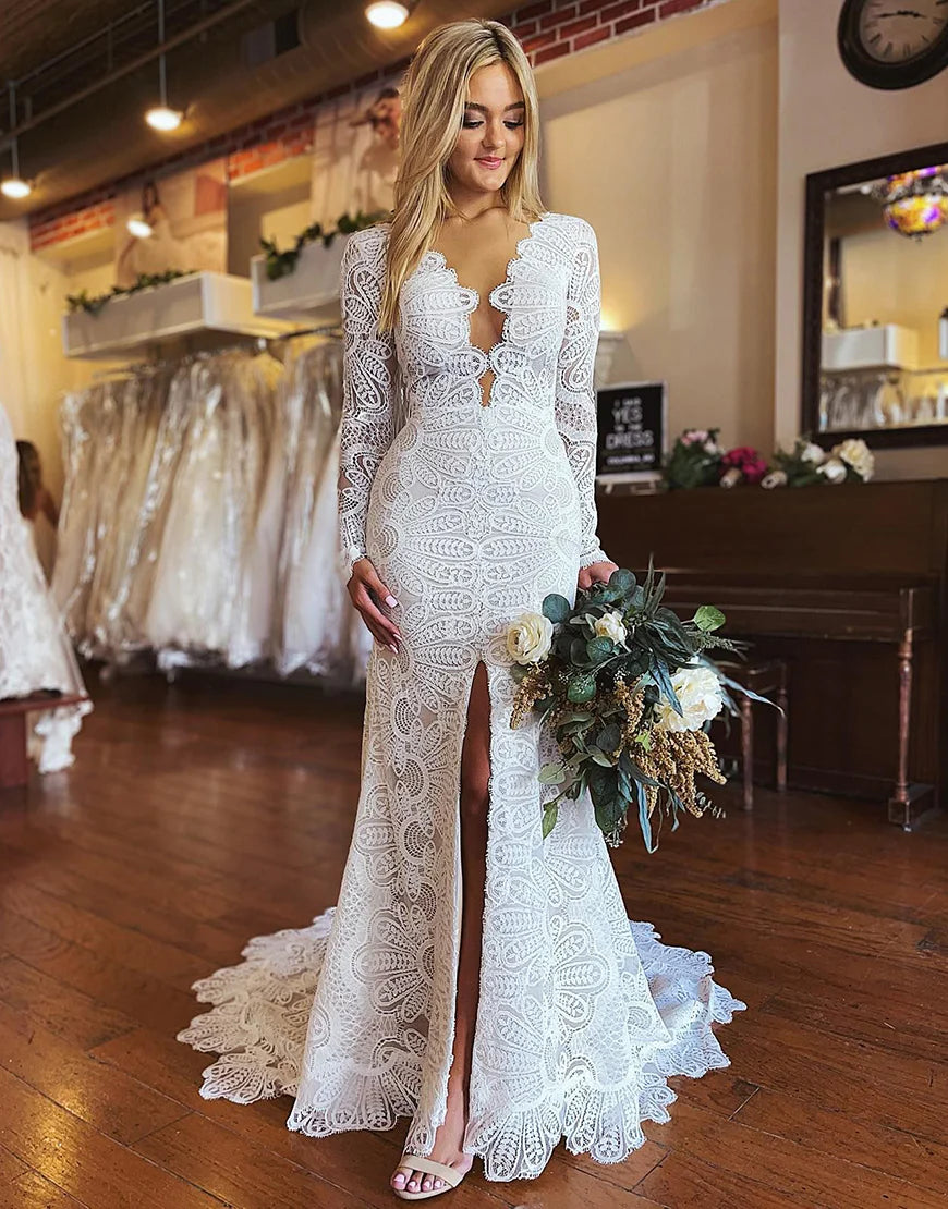 Mermaid Boho Lace Wedding Dress with Long Sleeves