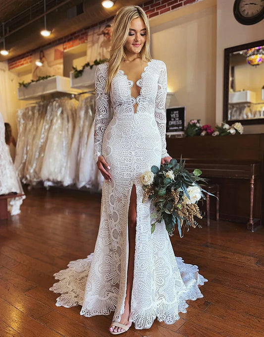 Mermaid Boho Lace Wedding Dress with Long Sleeves