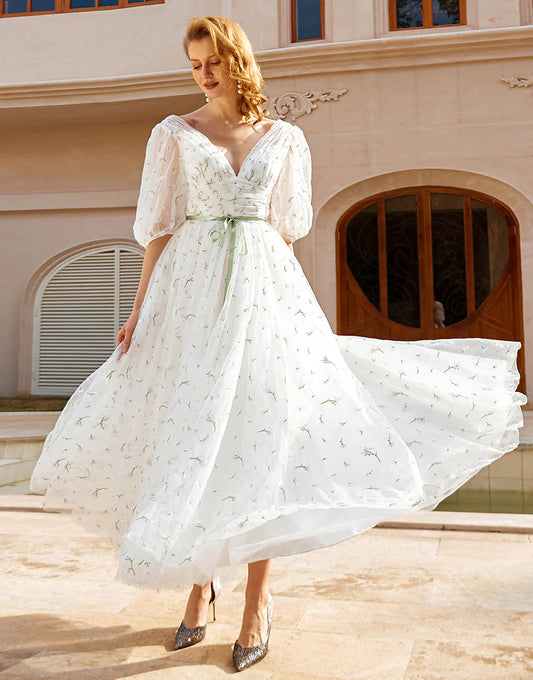 Print Tulle Midi Wedding Dress