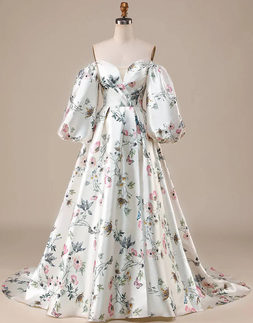 Off the Shoulder Floral Satin Chapel Train Wedding Dress