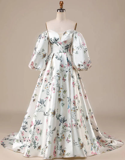 Off the Shoulder Floral Satin Chapel Train Wedding Dress