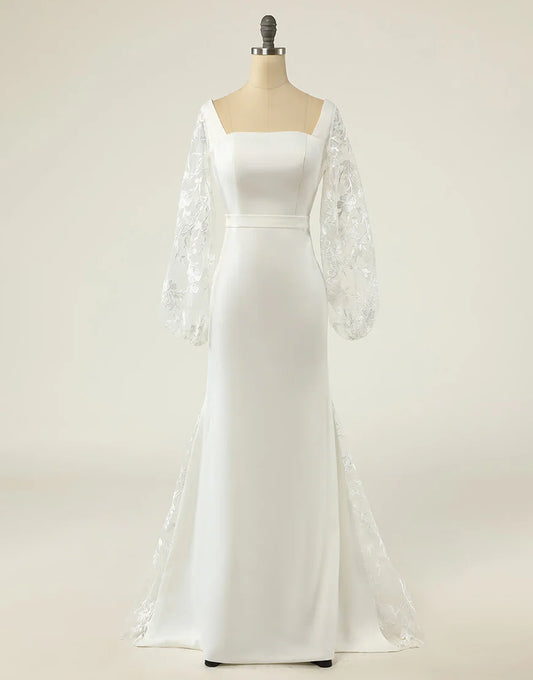 Mermaid Square Neck Long Sleeves Wedding Dress