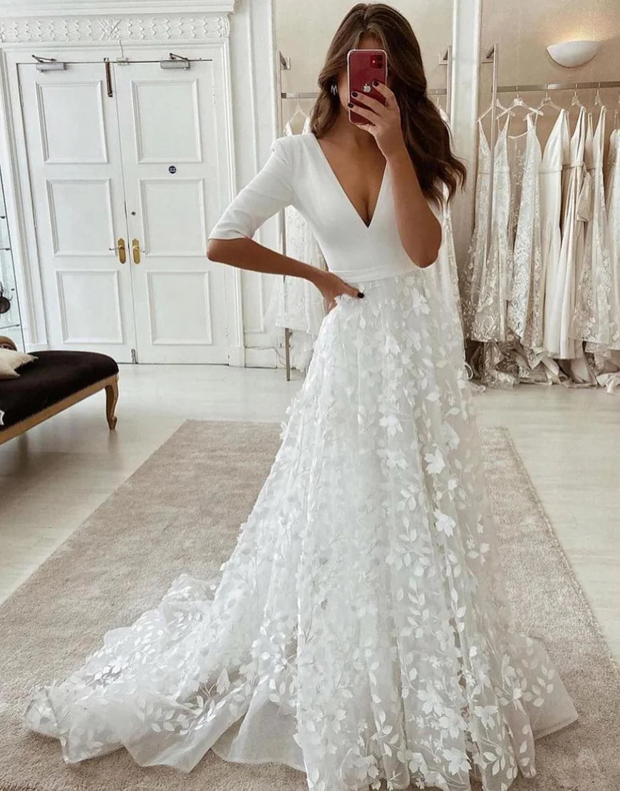 White Half Sleeves V Neck Wedding Dress with Appliques