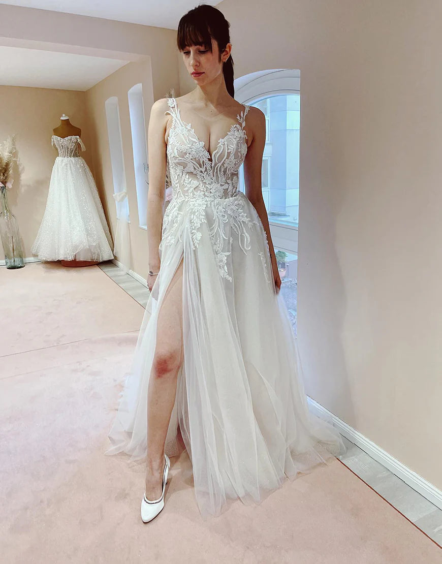 A Line Sleeveless White Bridal Dress With Slit