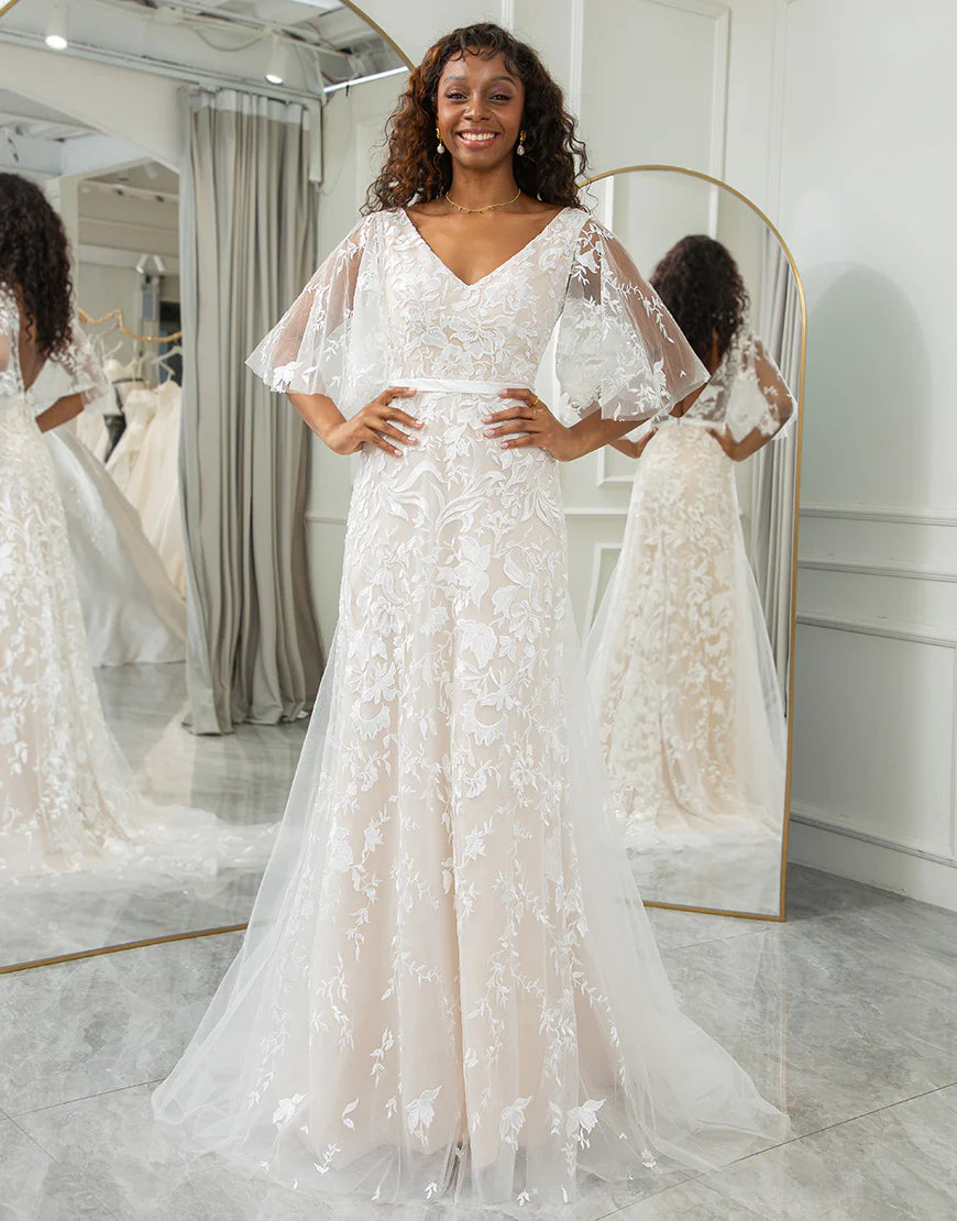 A Line Short Sleeve V Neck Bohemian Beach Wedding Dress