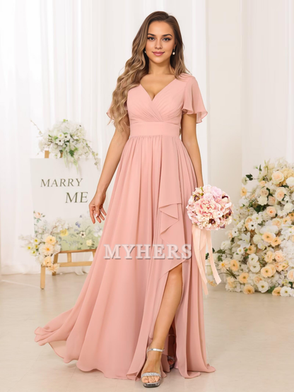 Elegant V Neck Chiffon Pleated Side Fork Exquisite Bridesmaid Dresses Wedding Guests Dresses