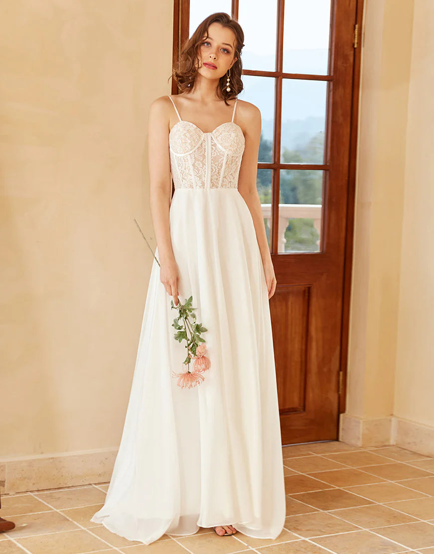 A Line Square Floor-Length Wedding Dress With Lace