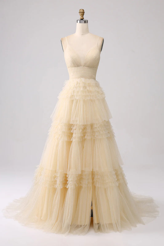 A Line Beige V-Neck Tulle Layered Spaghetti Straps Sweetheart Prom Dress With Split Fork