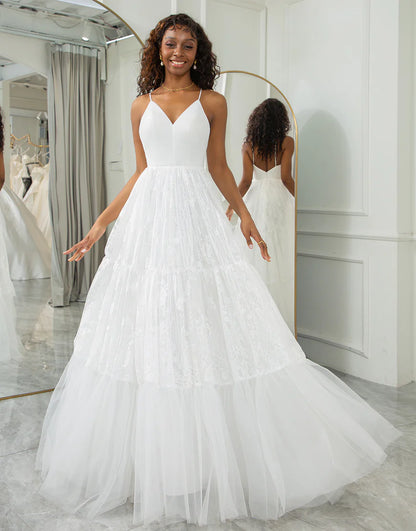 A Line Spaghetti Straps V-Neck Long Bridal Dress