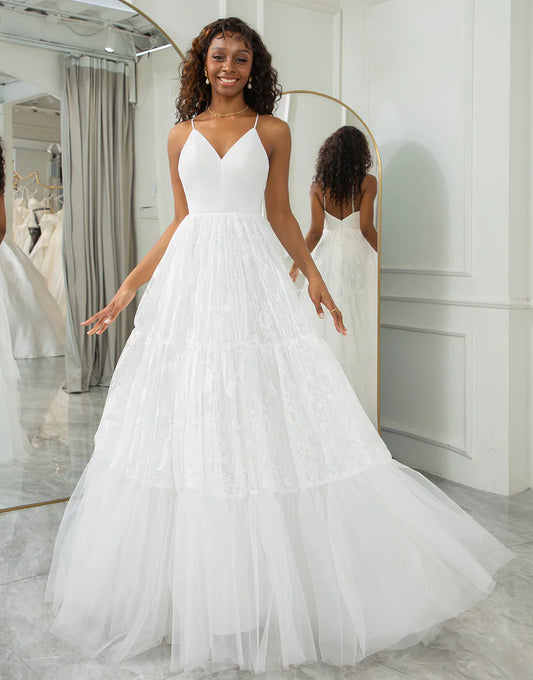 A Line Spaghetti Straps V-Neck Long Bridal Dress
