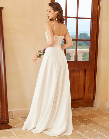 A Line Square Floor-Length Wedding Dress With Lace