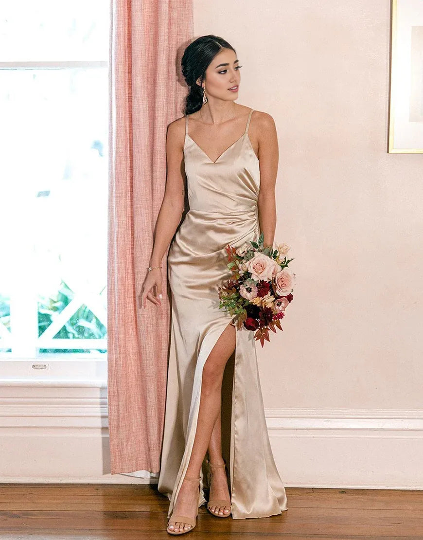 Champagne V-Neck Spaghetti Strap Silk Satin Sheath Bridesmaid Dress