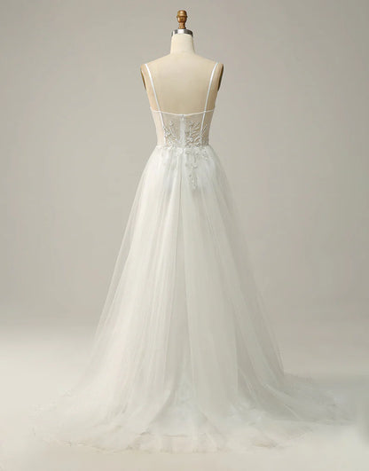 A Line Spaghetti Straps White Long Bridal Dress with Appliques
