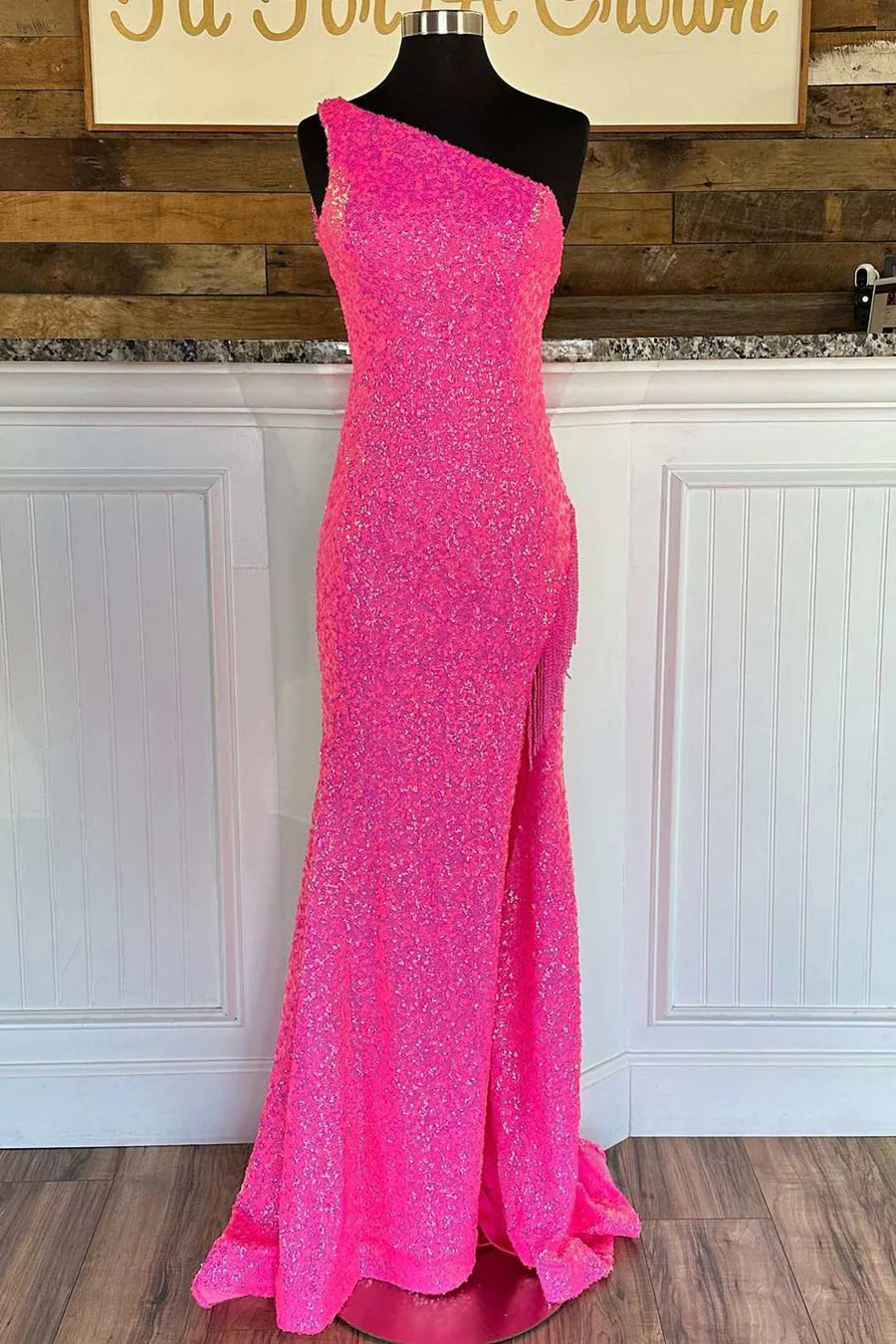 Sequin One-Shoulder Long Prom Dress with Tassels