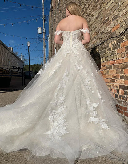 Glitter A-Line Off The Shouder White Long Wedding Dress with Appliques