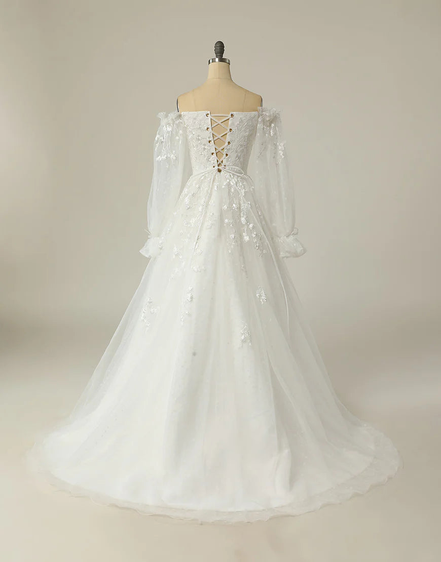 Luxurious A Line Off the Shoulder White Wedding Dress with Appliques