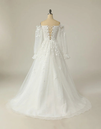 Luxurious A Line Off the Shoulder White Wedding Dress with Appliques