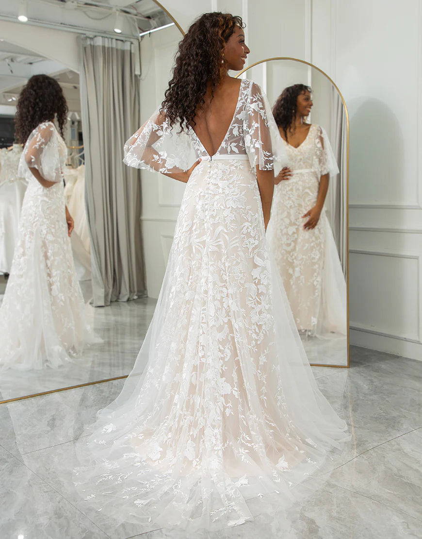 A Line Short Sleeve V Neck Bohemian Beach Wedding Dress