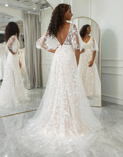 A Line Short Sleeve V Neck Bohemian Beach Wedding Dress