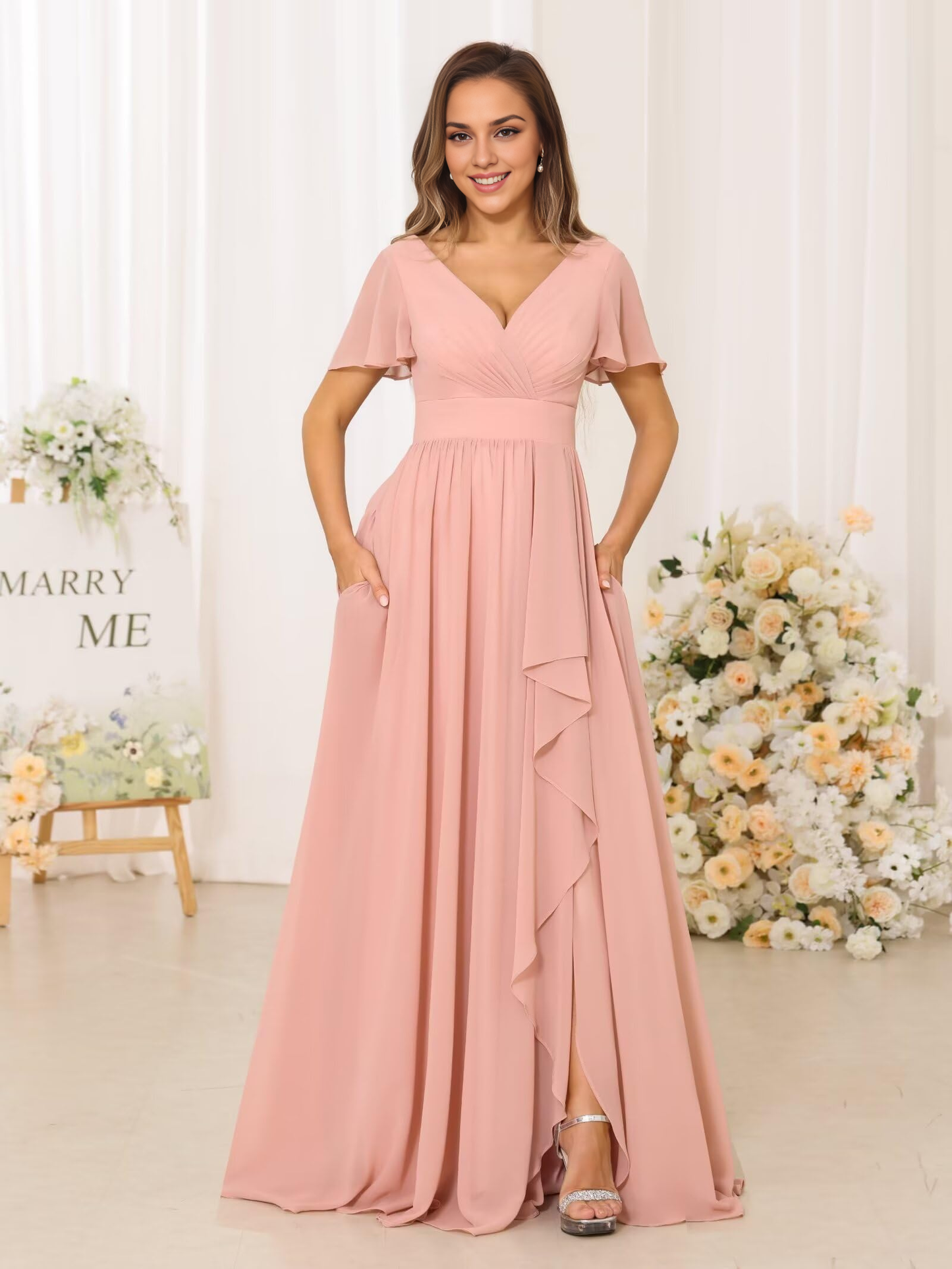 Elegant V Neck Chiffon Pleated Side Fork Exquisite Bridesmaid Dresses Wedding Guests Dresses