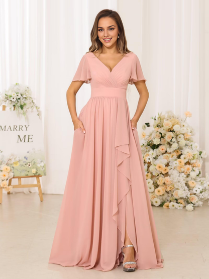 Elegant V Neck Chiffon Pleated Side Fork Exquisite Bridesmaid Dresses Wedding Guests Dresses