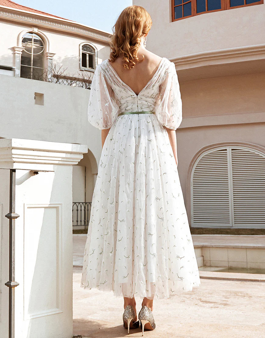 Print Tulle Midi Wedding Dress