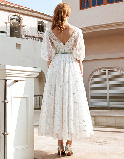 Print Tulle Midi Wedding Dress