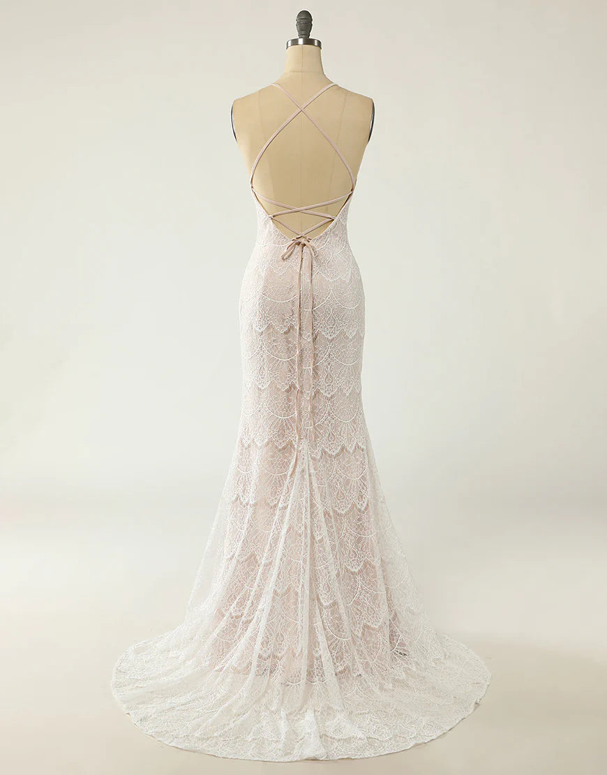 Mermaid Halter White Lace Wedding Dress with Sweep Train
