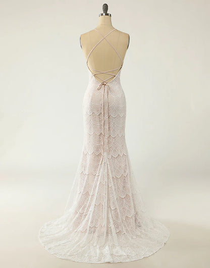 Mermaid Halter White Lace Wedding Dress with Sweep Train