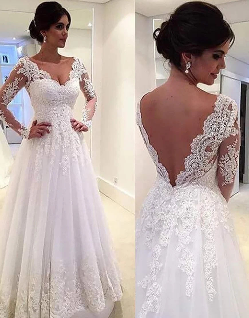A Line Open Back White Long Bridal Dress