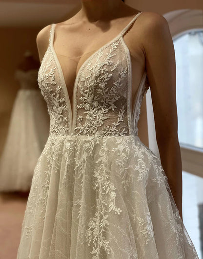 A Line Spaghetti Straps Ivory Long Bridal Dress