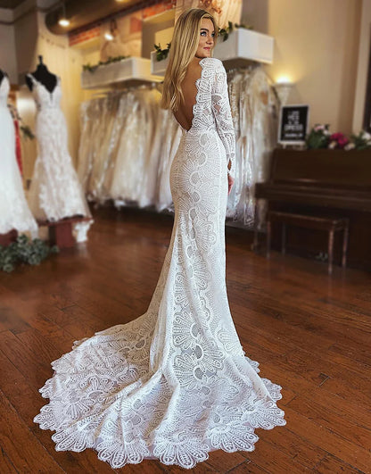Mermaid Boho Lace Wedding Dress with Long Sleeves