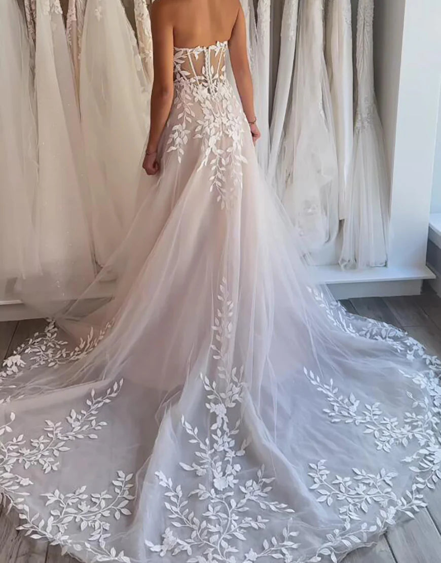A Line Off The Shoulder Lace Applique Wedding Dress