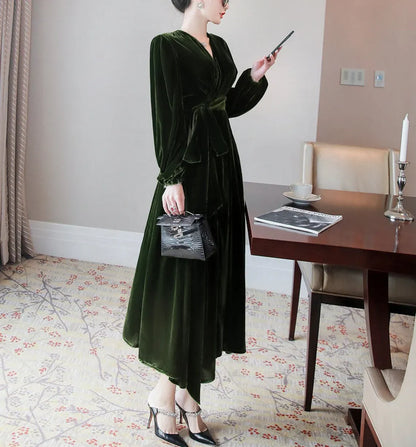 Autumn Winter Luxury Long sleeves Velvet Dress Robes Comfy Formal Wrap Lace up Dress Bridesmaid Gown Dress