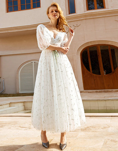 Print Tulle Midi Wedding Dress