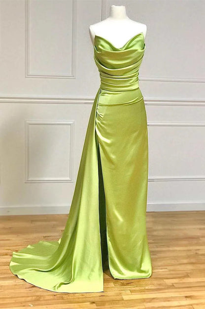 Strapless Ruched Long Prom Dress with Attached Train
