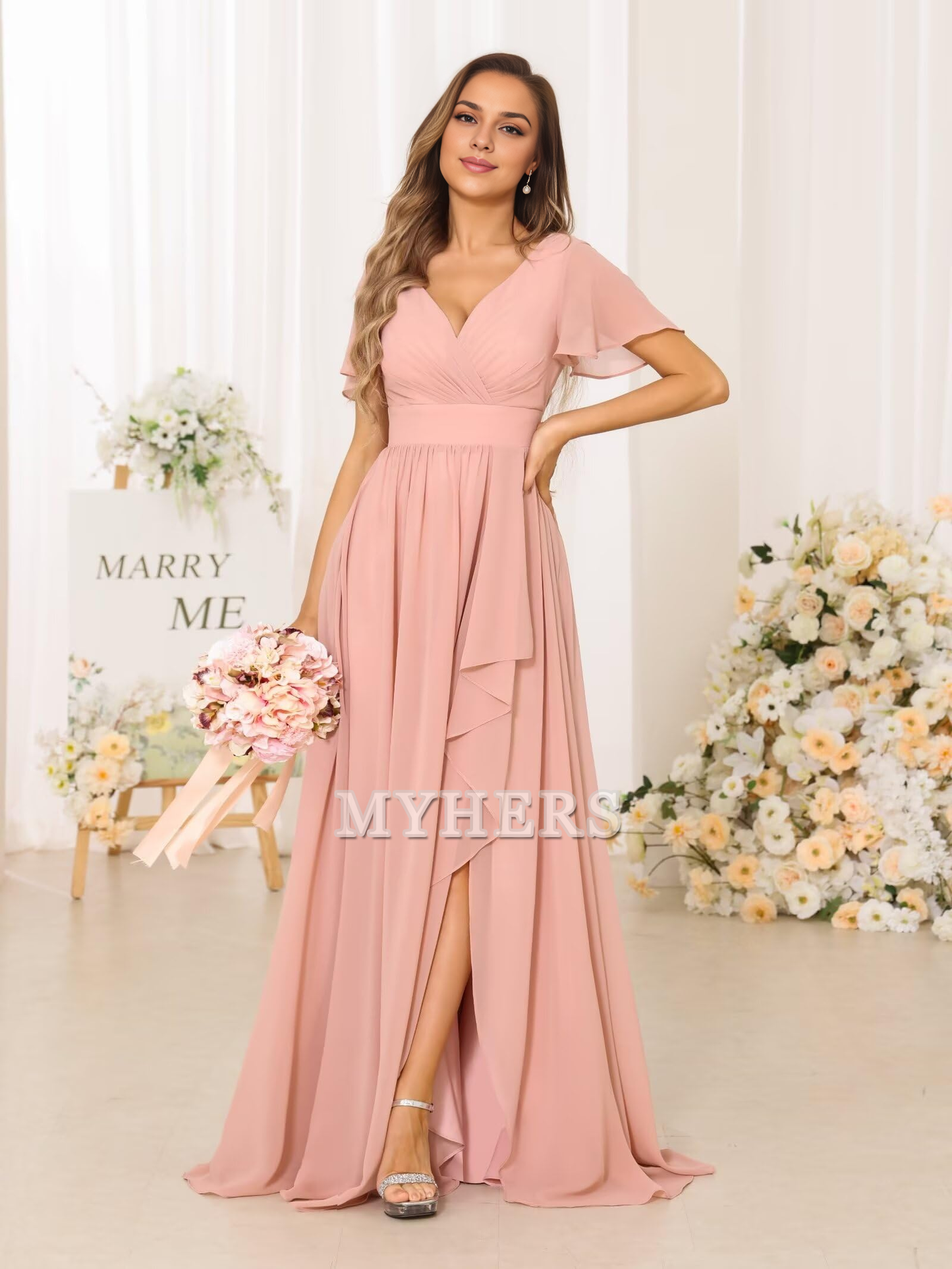 Elegant V Neck Chiffon Pleated Side Fork Exquisite Bridesmaid Dresses Wedding Guests Dresses