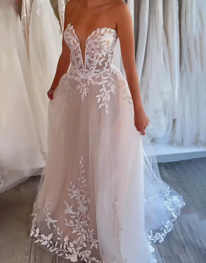 A Line Off The Shoulder Lace Applique Wedding Dress