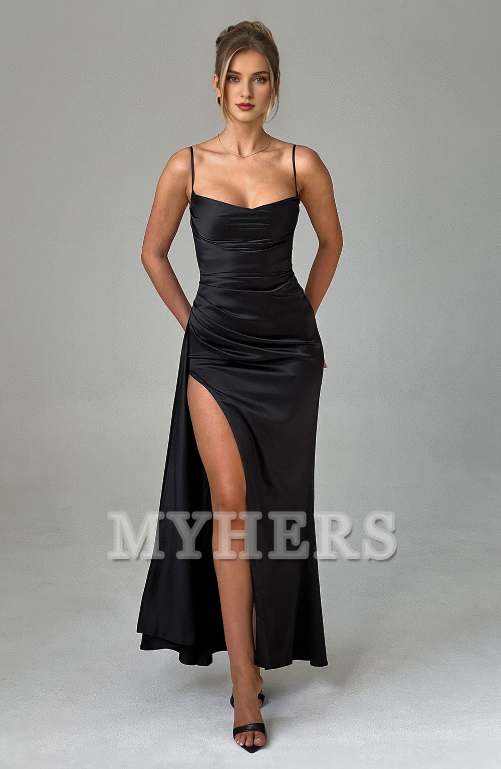 Elegant Spaghetti Strap Cowl Neckline Pleated Side Fork Charming Dresses Bridesmaid Dresses Wedding Guests Dresses