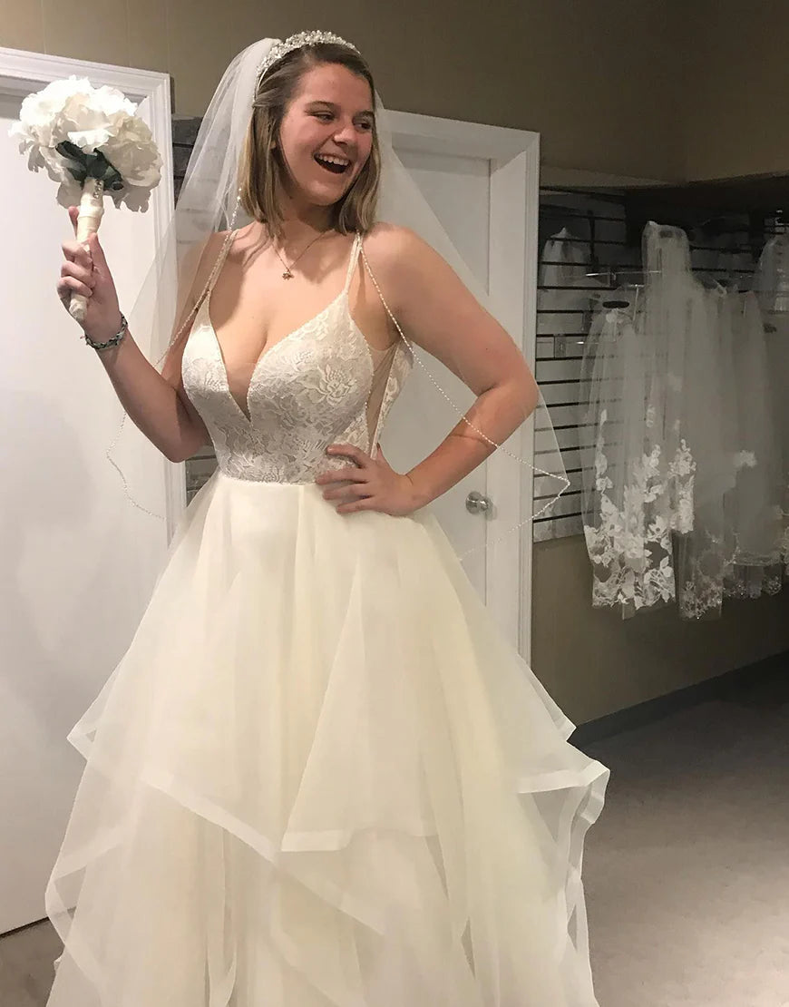 Asymmetrical Tulle Spaghetti Straps White Long Wedding Dress