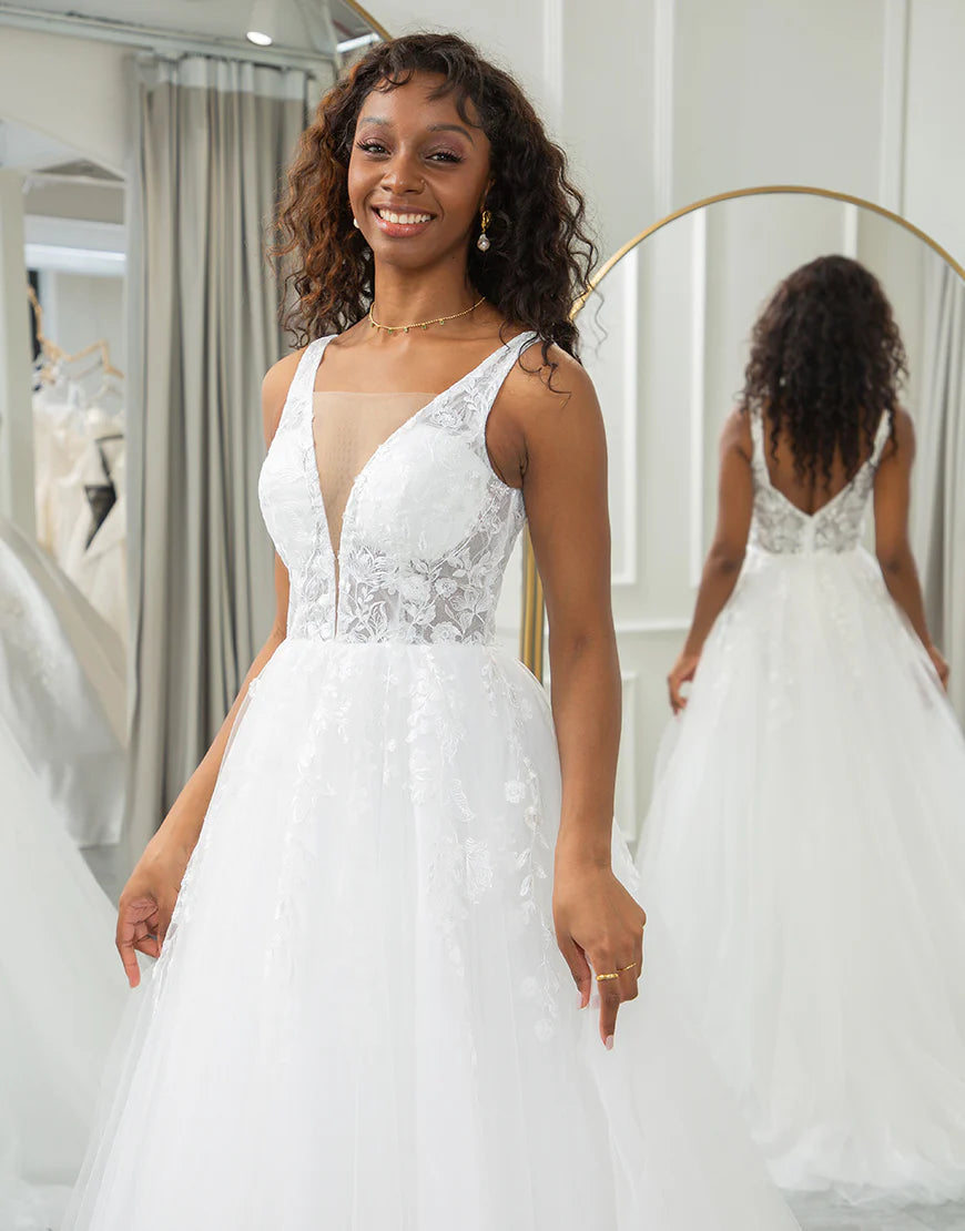 A Line Lace Backless V-Neck Wedding Dress